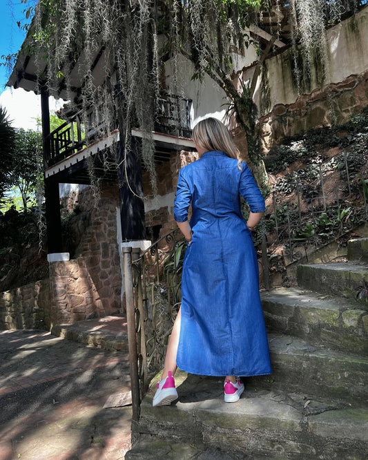 Vestido índigo 3/4 largo